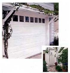 two pictures of a white garage door and the same one with flowers growing on it