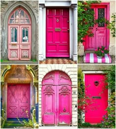 the doors are all different colors and styles, but they're painted bright pink