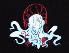 an octopus with red eyes and tentacles on it's head is depicted in the dark