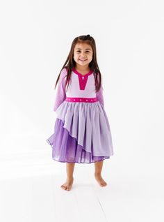 Introducing The Starry Night Dress, the perfect way to bring a bit of sweet comfort and vibrant magic to your little one's wardrobe. With its purple chiffon skirt, pink boarders, and fun bodice, it's sure to spark their imagination and have them dreaming of royal adventures! Plus, it pairs perfectly with any of the other dresses in our princess collection. A dream come true!