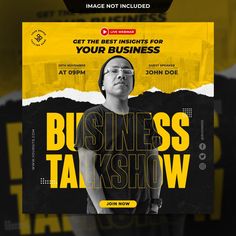 a flyer for a business talk show with a man in glasses and a yellow background