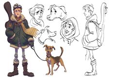 a drawing of a person with a dog on a leash and some other character sketches