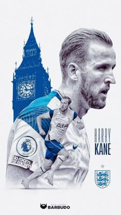 a drawing of harry kane in front of the big ben clock tower with his name on it