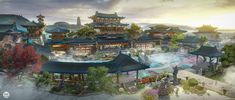 an artist's rendering of a chinese city with pagodas and water features in the foreground