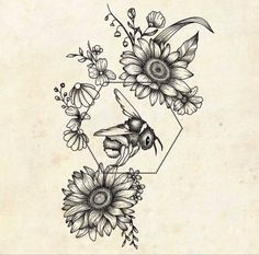 a drawing of sunflowers and bees on a piece of paper with an arrow in the middle