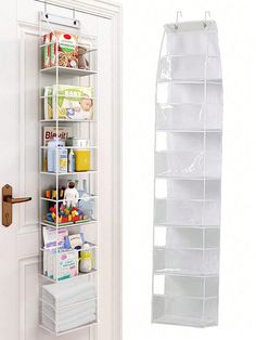 an over the door pantry organizer next to a white door with clear shelves on it