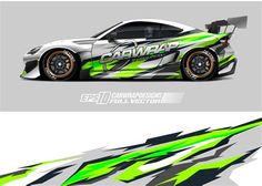 the side and back view of a racing car with green graphics on it, in three different views