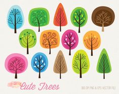 colorful trees with the words cute trees on them