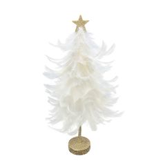 a white feather christmas tree with a gold star on it's top, against a white background