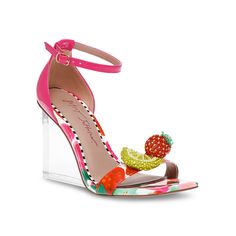 Betsey Johnson-Harlen Sandal Notch up your fashion score with the Harlen sandal from Betsey Johnson. Beaded fruit embellishments on the toe strap and transparent wedge heel highlight this ankle strap sandal styled with a square open toe for a modern appeal. Multicolor Floral Print Synthetic Sandals, Beaded Fruit, Betsey Johnson Flower Shoes 2 Inch Heels, Betsey Johnson Floral Dress, Betsey Johnson Fruit Dress, Betsey Johnson Novelty Bags, Sandal Fashion, Ankle Strap Sandals, Wedge Heels