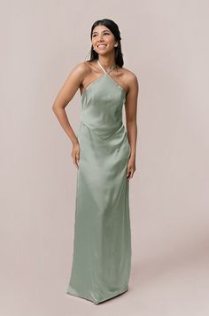 Model: Jacinth; Size: 4 Halter Neck Satin Dress, Satin Dress Bridesmaid, Wedding Parties Colors, Bridesmaid Dress Colors, Fitted Silhouette, Halter Neckline, Satin Dress, Bra Cups, White Shop