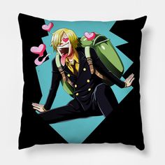 a pillow with an image of a man holding a backpack on his back, and hearts floating in the air