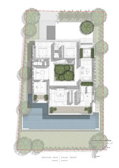 an aerial view of the ground plan for a house with lots of trees and bushes