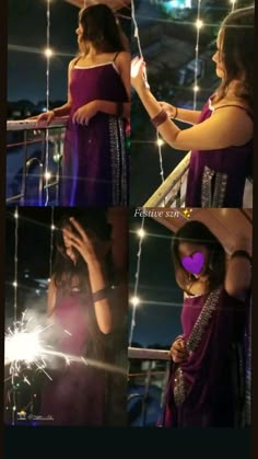 a woman in a purple dress is holding sparklers