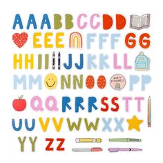 the letters and numbers are made up of different types of stickers, including an apple,