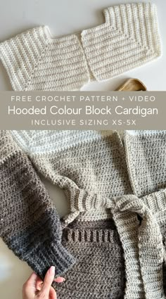 the crochet pattern for hooded color block cardigan is shown in grey and white