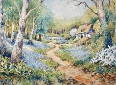 a painting of a house in the woods with bluebells and wildflowers