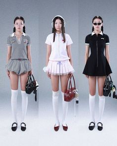 three models in short skirts and knee high socks, all wearing headphones on their ears