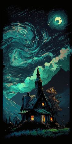 a painting of a church at night with the moon in the sky and stars above it