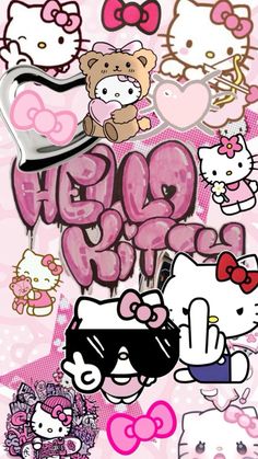 an image of hello kitty wallpaper with many different characters and colors on the background