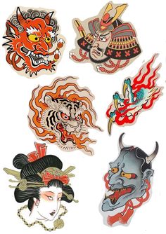 Japanese Tattoo Art Simple, Japanese Flash Tattoo, Japanese Tattoo Flash, Asian Stickers, Japanese Mask Tattoo, Traditional Tattoo Flash Sheets, Skull Art Tattoo