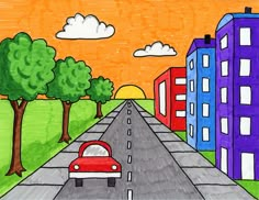 a drawing of a red car driving down the road in front of some tall buildings