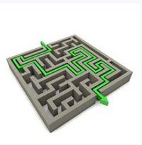 an image of a maze with green arrows going in the opposite direction on white background