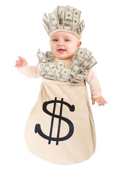 a baby in a bag with money sticking out of it's back and wearing a chef hat