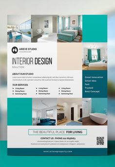 a blue and white flyer for interior design with pictures on the front, back and sides