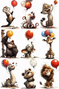 several cartoon animals holding balloons in their hands