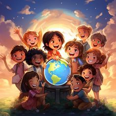 a group of children standing around a globe with the sun in the sky behind them