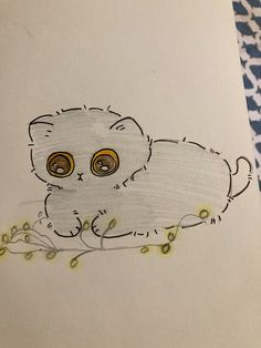 a drawing of a white cat with yellow eyes