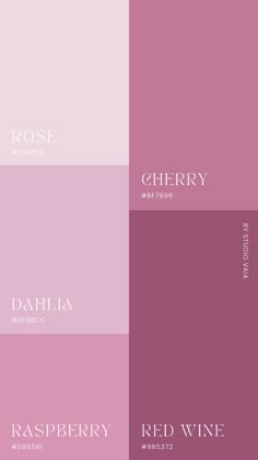 four different shades of pink and purple with the words red wine in white on them