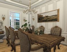 a large dining room table with chairs and a chandelier hanging from the ceiling