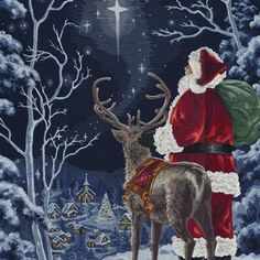 a painting of santa claus looking at a deer in the snow with a star above him