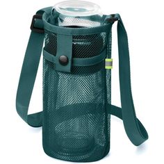 a green mesh bag with a water bottle in the front and shoulder strap around it