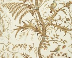 an antique wallpaper with birds and plants on it's side, in gold