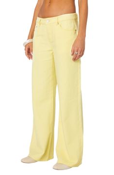 A low waist and flared legs bring plenty of throwback vibes to nonstretch-denim jeans in a vibrant hue. Zip fly with button closure Five-pocket style 100% cotton Machine wash, dry flat Imported Yellow Fits, Nordstrom Store, Fabric Gifts, Free Fabric, Anniversary Sale, Low Waist, Flare Jeans, Denim Jeans, Calvin Klein