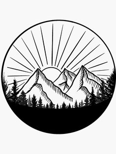 a black and white drawing of mountains with trees in the foreground, surrounded by sunbursts