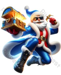 an animated santa clause carrying a chest of gold in his hand and running with it's legs spread out