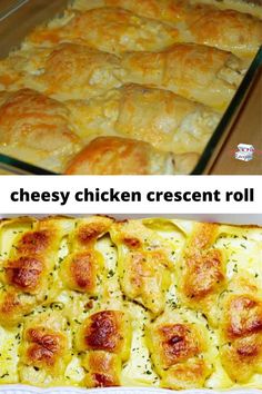 two pictures showing different types of food in baking pans, one with cheesy chicken crescent rolls and the other with cheese