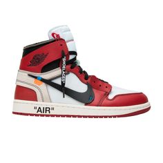 Find JORDAN Off-white X 1 Retro High Og 'chicago on Editorialist. Created by designer Virgil Abloh, the Air Jordan 1 x Off-White comes in the classic Chicago colorway. Some of the sneakers' half-finished features include a Swoosh connected to the shoe with visible blue stitching, 'Air' printed on the midsole, and an Off-White zip tie on the collar. The box comes deconstructed as it's been turned inside-out with the inside consisting of a black base and gold Jumpman logo, while the outside is pla Jordan 1 Off White Chicago, Jordan 1 Off White, Air Jordan 1 Chicago, Jordan Off White, Air Presto, Jumpman Logo, Air Vapormax, Zip Ties, Virgil Abloh