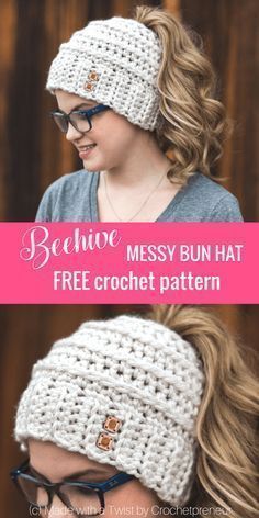 a woman wearing a crochet messy bun hat with the text below it that reads,