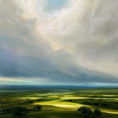 an oil painting of green fields under a cloudy sky