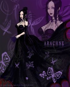 a woman in a black dress with butterflies around her and the words arachine on it