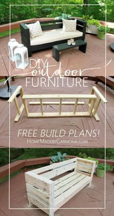 an outdoor furniture made out of pallets and wood with text overlay that reads diy outdoor furniture free build plans