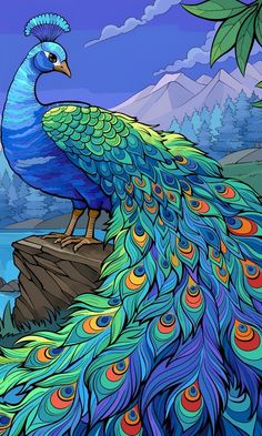 a colorful peacock sitting on top of a rock