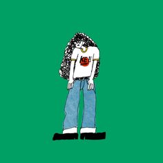 a drawing of a person with long hair and jeans standing in front of a green background