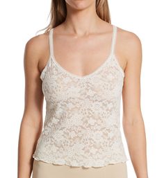 This sexy, see-through lacy camisole features an exquisite floral design and picot elastic trim along V-neckline. V-neckline and scoop back have elastic edge with picot trim. Sheer lace knit features jacquard flowers. Elastic straps with picot trim do not adjust. Hem has curly "lettuce" edges. Lightweight knit is great for warmer temperatures. Perfect for layering. Pullover styling. Please note: Model is wearing nipple covers (not included) for modesty. Hanky Panky Women's Daily Lace Camisole in Lacy Camisole, Lace Set, Lace Camisole, Lace Knitting, Lightweight Knit, Sheer Lace, Cream White, Lettuce, Pullover Styling