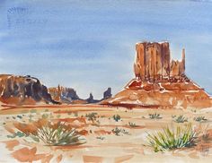 a watercolor painting of the desert with rocks and mountains in the backgroud